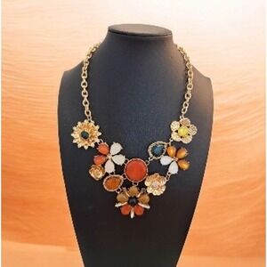 New York & Company Floral Bib Statement Necklace Gold Tone Orange Green Stone